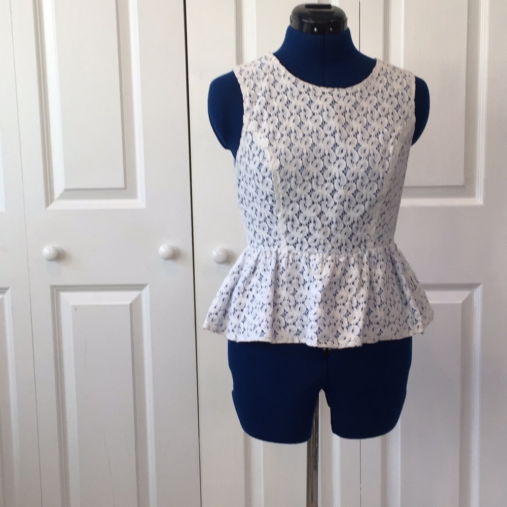 Forever21 White and Baby Blue Lacy Peplum Top